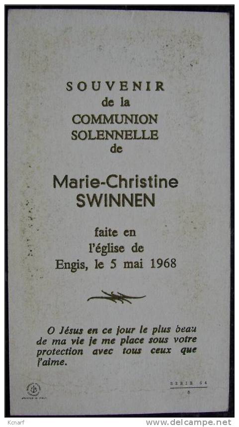 Faire-parts De Communion De ENGIS En 1968 De MARIE-CHRISTINE SWINNEN " . - Other & Unclassified