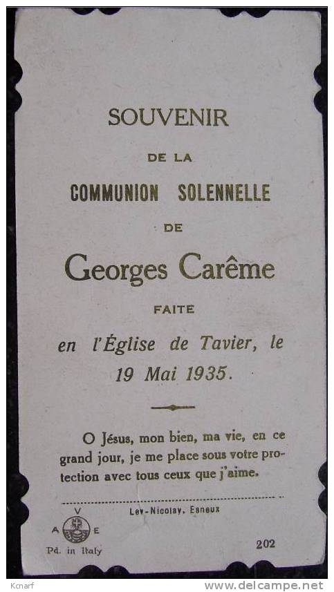 Faire-parts De Communion De TAVIER En 1935 De GEORGES CARÊME , Imprimé à ESNEUX . - Other & Unclassified