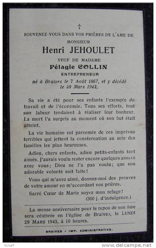 Faire-parts De Décès De BRAIVES En 1942 De COLLIN PELAGIE . - Other & Unclassified