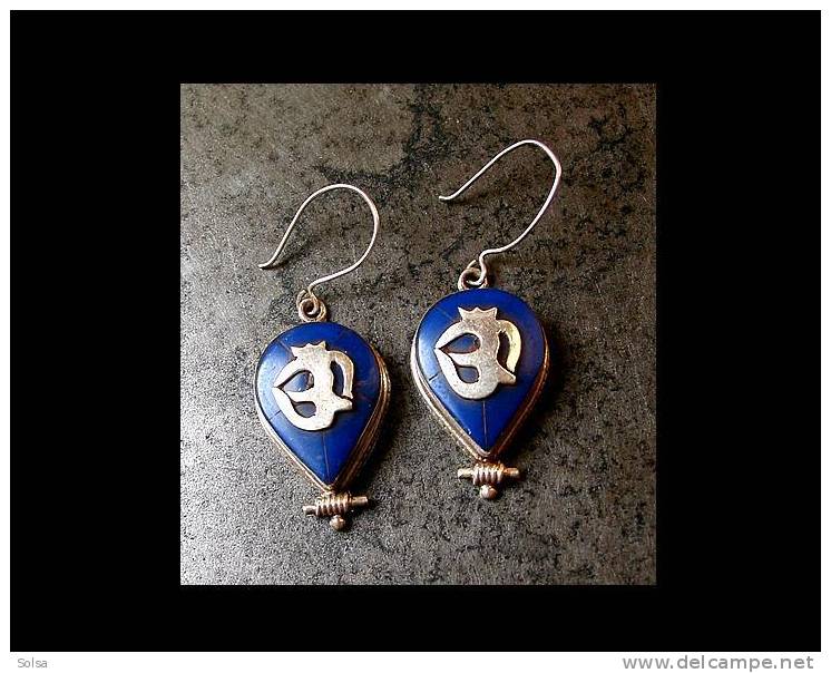 Boucles Yoni Argent Lapis OM / Great Yoni Silver And Lapis Nepalese Earings - Ohrringe