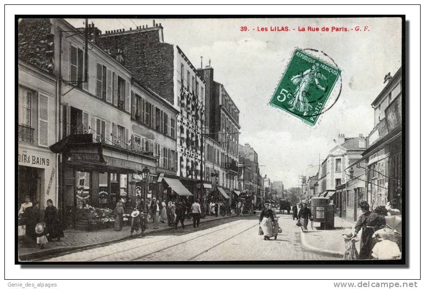 93 LES LILAS, La Rue De Paris, Trés Animée, Ed GF 39, CPA Voyagé 1906, B état - Les Lilas