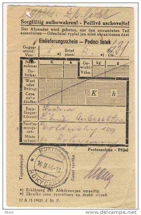 Böhmen Und Mähren 1944 - Rückscheinbrief - Briefe U. Dokumente