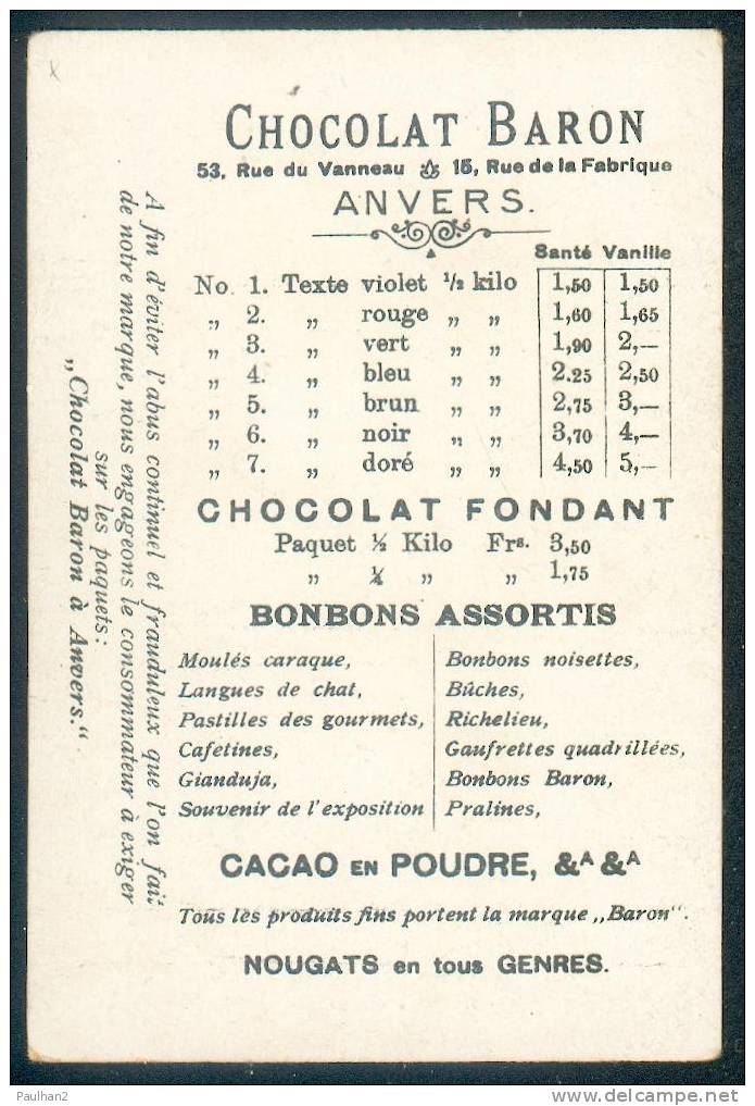 CHROMO CHOCOLAT BARON ANVERS / ANTWERPEN BELGIUM TRADE CARD CHOCOLAT 1900 - FLEURS - PECHE - BATEAU - BATEAUX -VOILIERS - Other & Unclassified