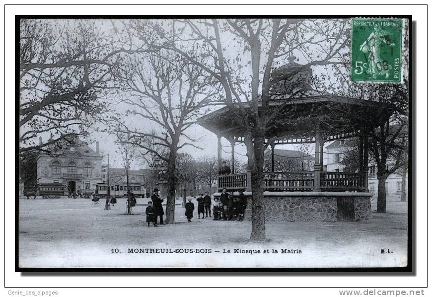 93 MONTREUIL Sous BOIS, Le KIOSQUE Et La MAIRIE, Animée, Ed ML -10- CPA Voyagé En 1908 - Montreuil