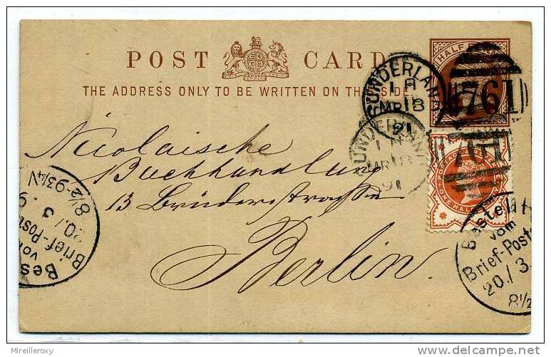 GRANDE BRETAGNE / ENTIER POSTAL / CARTE  POUR ALLEMAGNE / 1891 SUNDERLAND  / STATIONERY - Stamped Stationery, Airletters & Aerogrammes