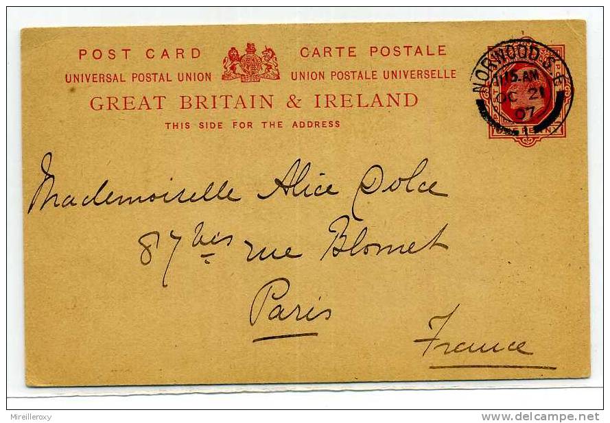 GRANDE BRETAGNE / ENTIER POSTAL / CARTE  POUR LA FRANCE / 1907  NORWOOD S.E. / STATIONERY - Interi Postali