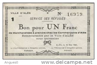 VILLE D'ALES (ALAIS) BON POUR 1 FRANC - Notgeld