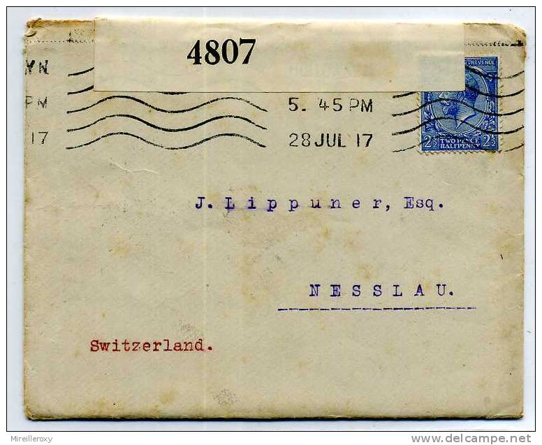 GRANDE BRETAGNE  / WWI / LETTRE POUR LA SUISSE NESSLAU / 28 JUILLET 1917 / CENSURE - Luftpost & Aerogramme