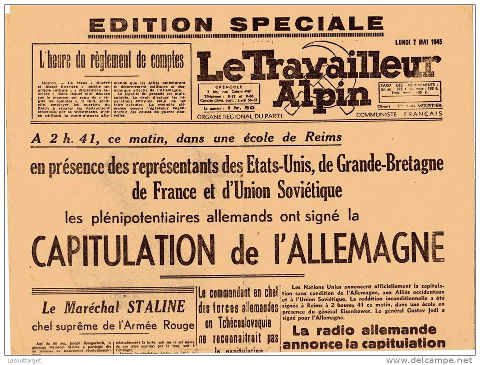 RARE Edition Speciale LE TRAVAILLEUR ALPIN 7 MAI 1945 - Obj. 'Remember Of'