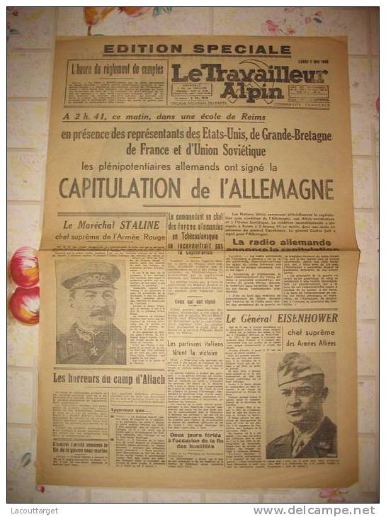 RARE Edition Speciale LE TRAVAILLEUR ALPIN 7 MAI 1945 - Obj. 'Remember Of'