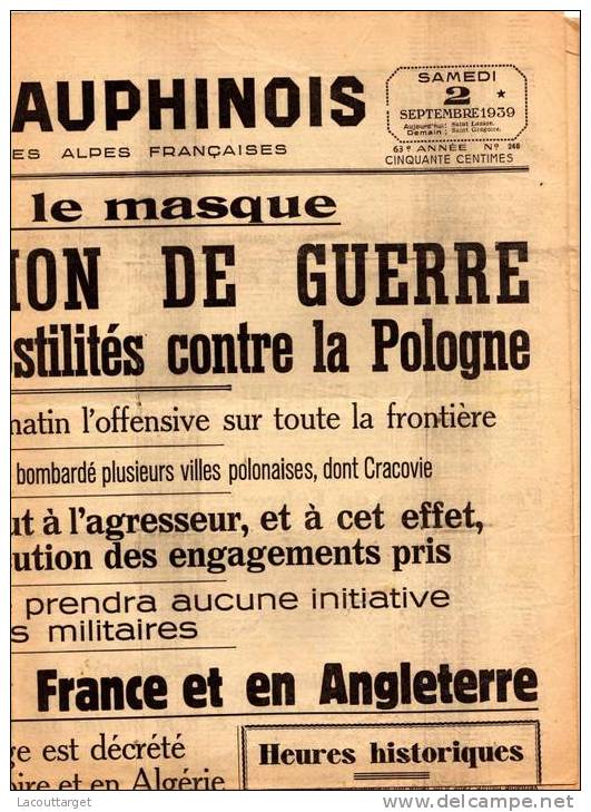 Le Petit Dauphinois Mobilisation Générale 02-10-1939 - Oggetti 'Ricordo Di'