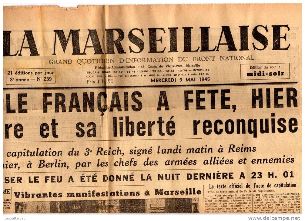 La MARSEILLAISE N°239 Capitulation Mardi 9 Mai 1945 - Obj. 'Remember Of'