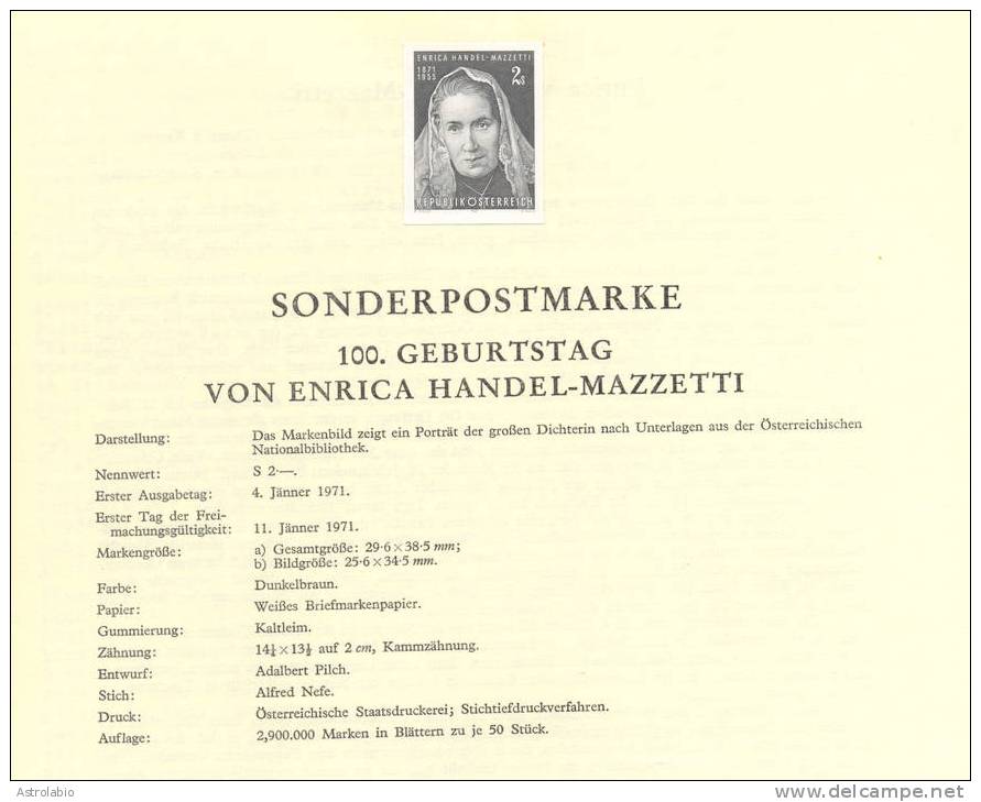 Autriche 1971 " Enrica Handel-Mazzetti, Poétesse " épreuve En Noir, Black Proof, Schwarzdruck Auf Blatt. Yvert 1182 - Famous Ladies