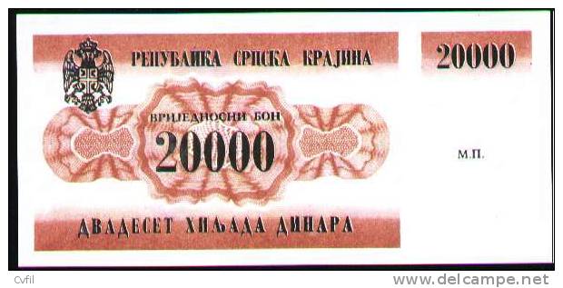 CROATIA 1991 -  20.000 DINARS UNIFACE - WPM RA 2 - UNC - Croatie