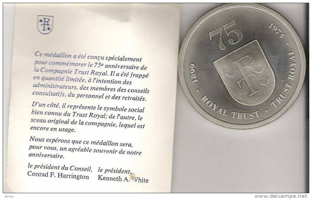 Royal Trust Commemorative 75th Year Medallion - Case With Logo - Explanatory Card - Other & Unclassified