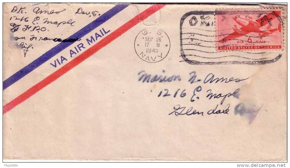 US NAVY - ETATS UNIS-US NAVY -26-9-1945- RARE - 2c. 1941-1960 Lettres