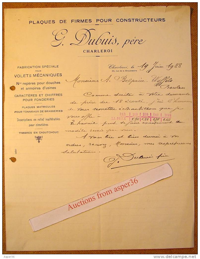 Lettre "PLaques De Firmes, G. Dubuis Père, Charleroi 1928" - 1900 – 1949