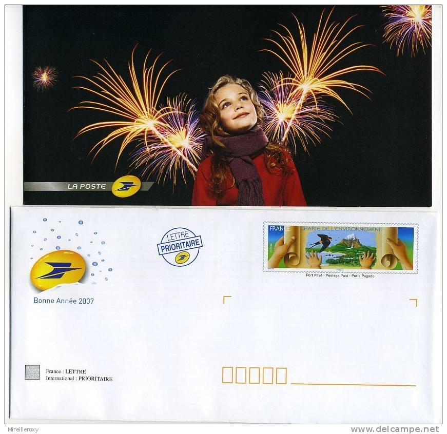 ENTIER POSTAL / PAP / BONNE ANNEE 2007 VOEUX DU FACTEUR CHARTE DE L´ENVIRONNEMENT MAIN OISEAU GLACIER FEU D´ARTIFICE - Año Nuevo