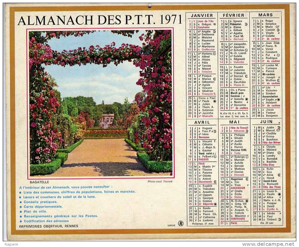 CALENDRIER ORIGINAL 1971 -  HONFLEUR ET BAGATELLE - Formato Grande : 1971-80