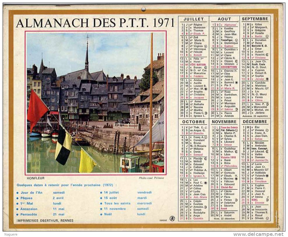 CALENDRIER ORIGINAL 1971 -  HONFLEUR ET BAGATELLE - Grand Format : 1971-80