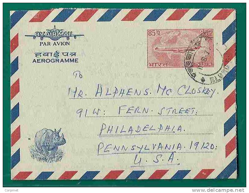 FAUNA - RHINOCEROS Printed On AIR MAIL INDIA AEROGRAMME Sent In 1970 From WEST GODAVARI To PENNSYLVANIA - Rhinoceros