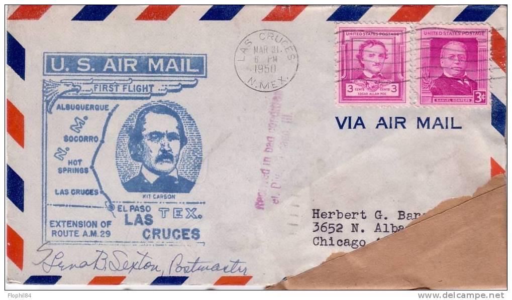 ACCIDENTE-ETATS UNIS-US AIR MAIL FIRST FLIGHT ALBUQUERQUE A EL PASO LAS CRUCES -- LETTRE DE LAS CRUCES 31-3-1950 GRIFFE - 2a. 1941-1960 Gebraucht