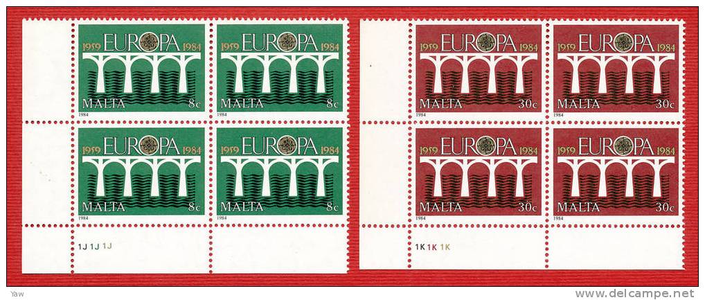 MALTA 1984  EUROPA. 25° ANNIVERS. CONFERENZA EUROPEA "LA POSTA E TELECOMUNICAZIONE". SERIE COMPLETA IN QUARTINE MNH** - 1984