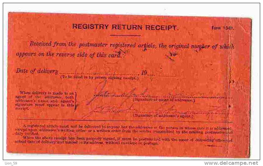 REGISTRY RETURN RECEIPT Form 1548 CHICAGO ILINOIS  - 1912s / 3360 - Colis