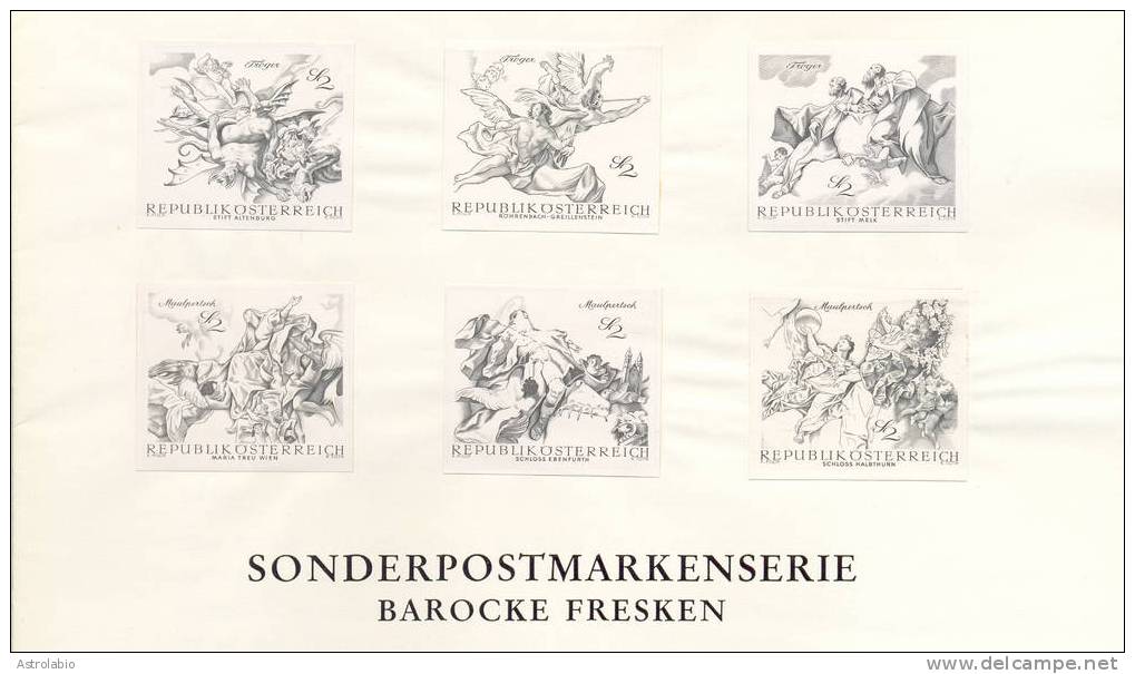 Autriche 1968 " Fresques Baroques " (6) épreuve En Noir, Black Proof, Schwarzdruck Auf Blatt. Yvert 1108/13 - Religione