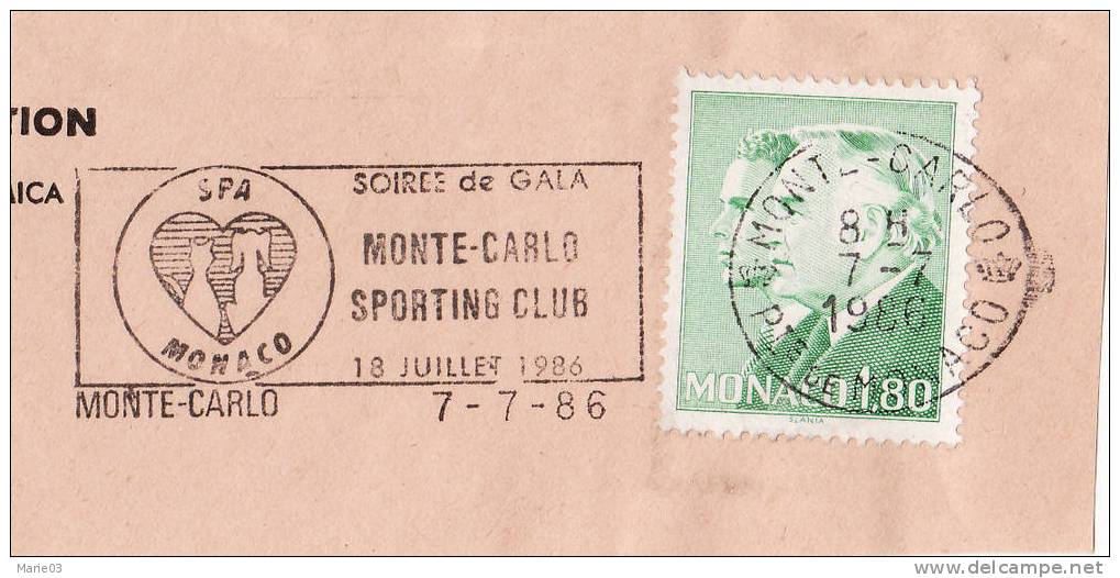 Monaco - Flamme Sur Fragment - 7-7-1986 - Soirée De Gala Sporting Club - Poststempel