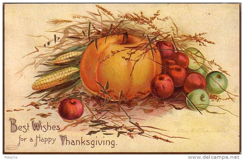 Best Wishes -Thanksgiving - Citrouille Pumpkin Corn Fruit - Written 1910 (?) - 2 Scans - Thanksgiving