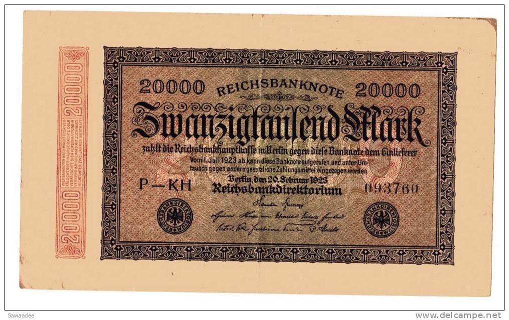 BILLET ALLEMAGNE - REPUBLIQUE DE WEIMAR - 1923 - P.85 - REICHSBANKNOTE - 20000 MARK - 20000 Mark