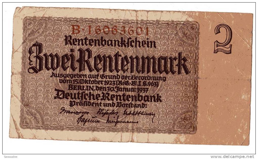 BILLET ALLEMAGNE - P.174 - 1937 - 2 RENTENMARK - 2 Rentenmark