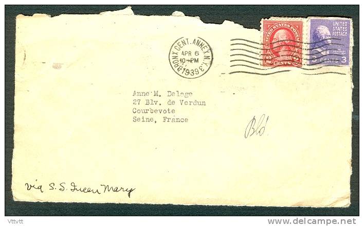 Etats-Unis : Dessus De Lettre (1939), Bronx Cent. Annex. N.Y. - Courbevoie (France, Hauts-de-Seine) - Lettres & Documents
