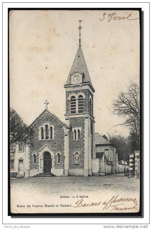 94 ABLON Sur SEINE, L'église, Ed Bazar Du Centre, Ruelle Et Hubert, CPA Dos 1900, Voyagé En 1903 - Ablon Sur Seine