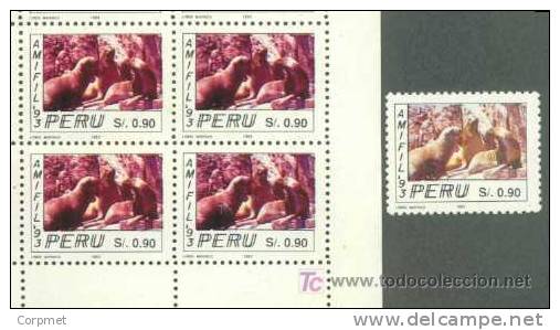 FAUNA - MARINE FOX - PERU Yvert # 997 BLOCK OF 4 MNH ** - VARIETY -  RED Instead Of BROWN - (normal Only For Comparison) - Otros & Sin Clasificación