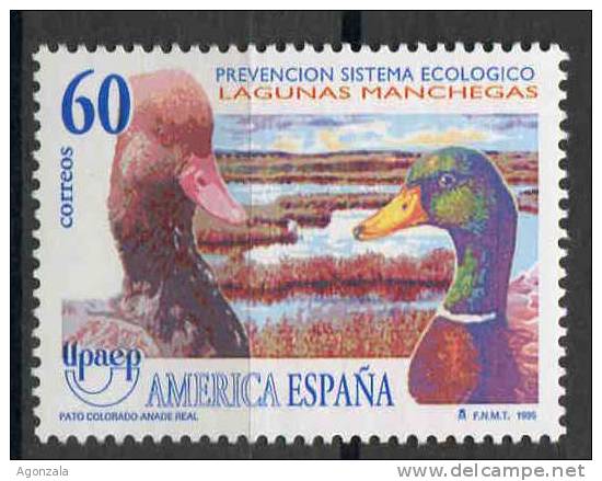 TIMBRE ESPAGNE NOUVEAU 1995 PRÉVENTION SYSTÈME ÉCOLOGIQUE LACUNES DE LA MANCHA - HABITAT CANARDS - UPAEP L´AMÉRIQUE EURO - Canards