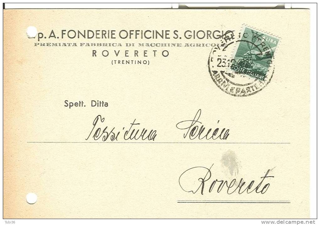 FONDERIE OFFICINE S.GIORGIO S.P.A. -ROVERETO (TRENTO) -MACCHINE AGRICOLE -CARTOLINA COMMERCIALE VIAGGIATA 1946. - Tractors