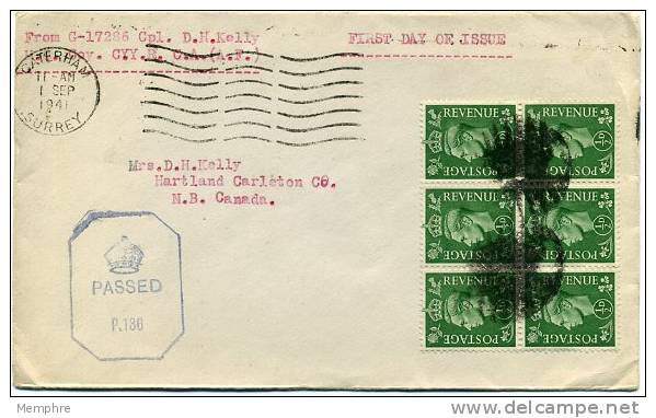 1941 Second  King George VI  Issue  6 X 1/2d Pale Green To Canada Censored   FDC  SG 485 - ....-1951 Pre Elizabeth II