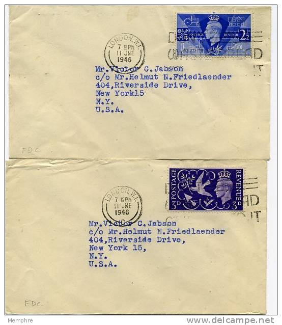 1946 King George VI  Peace And Reconstruction   FDC Set Of 2  Same Sender, Same Destination  SG 491-492 - ....-1951 Vor Elizabeth II.