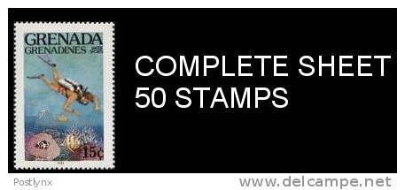 CV:&#8364;9.42, DIVING Grenada Grenadines  15c Sheet:20 Stamps  [feuilles, Ganze Bogen,hojas,foglios,vellen] - Duiken