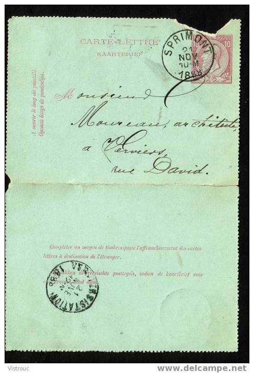 C-L N° 5 - Timbre Type Du COB N° 46 - Oblitér. : "SPRIMONT  21 NOV 1888" - Letter-Cards