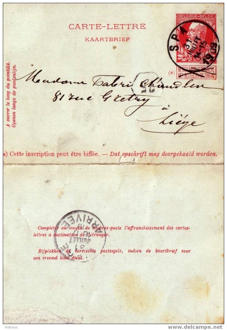 CP Type COB N° 74 Carmin  Imprimé Sur CP  - Oblitération : SPA - 31/Juillet/1909 - Letter-Cards