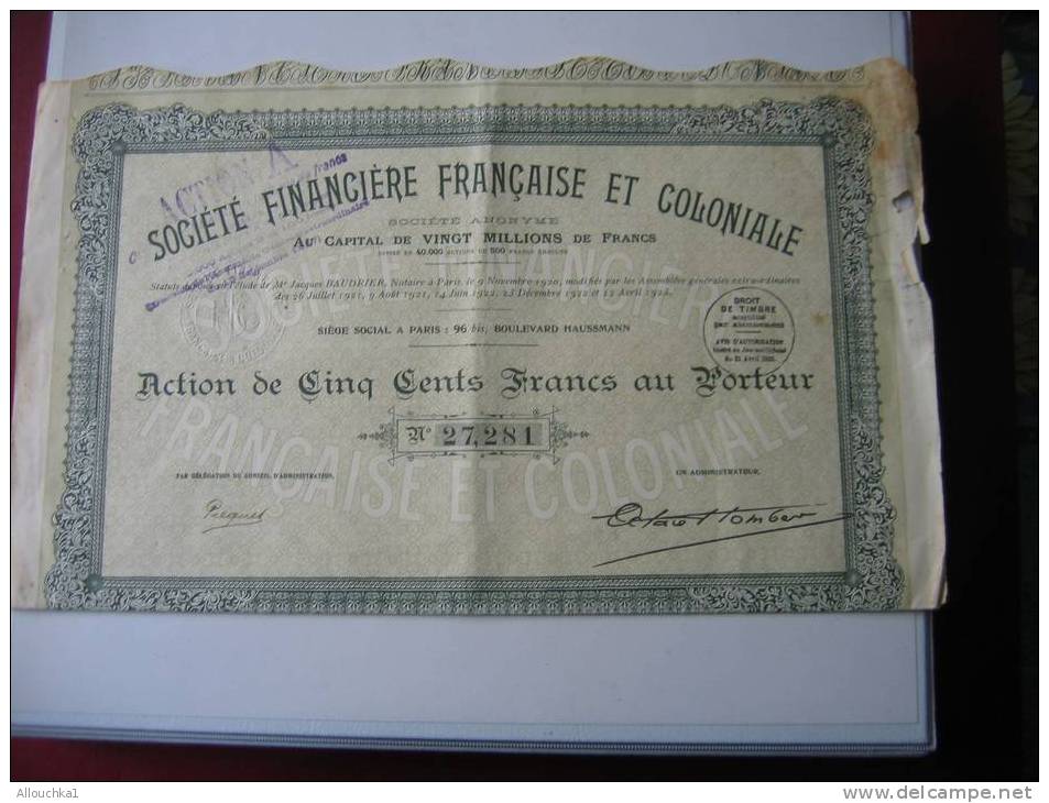 ACTION & TITRES /SOCIETE FINANCIERE FRANCAISE ET COLONIALE  / 1923  PARIS/   SCRIPOPHILIE - Bank En Verzekering