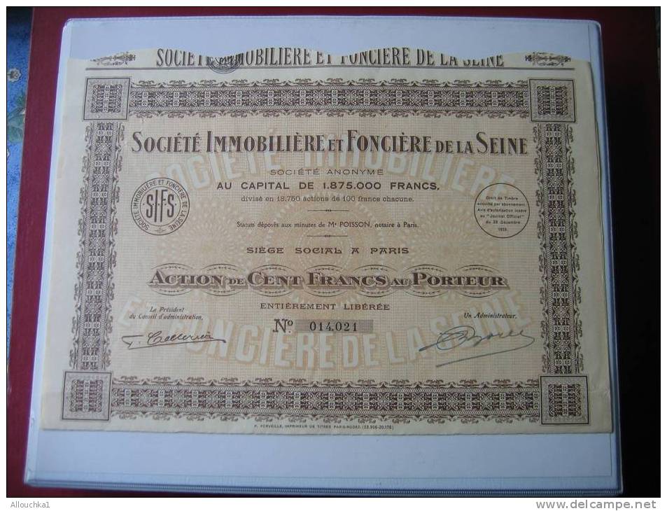 ACTION & TITRES /SOCIETE IMMOBILIERE & FRANCAISE DE LA SEINE   / 1933  PARIS/   SCRIPOPHILIE - Banco & Caja De Ahorros