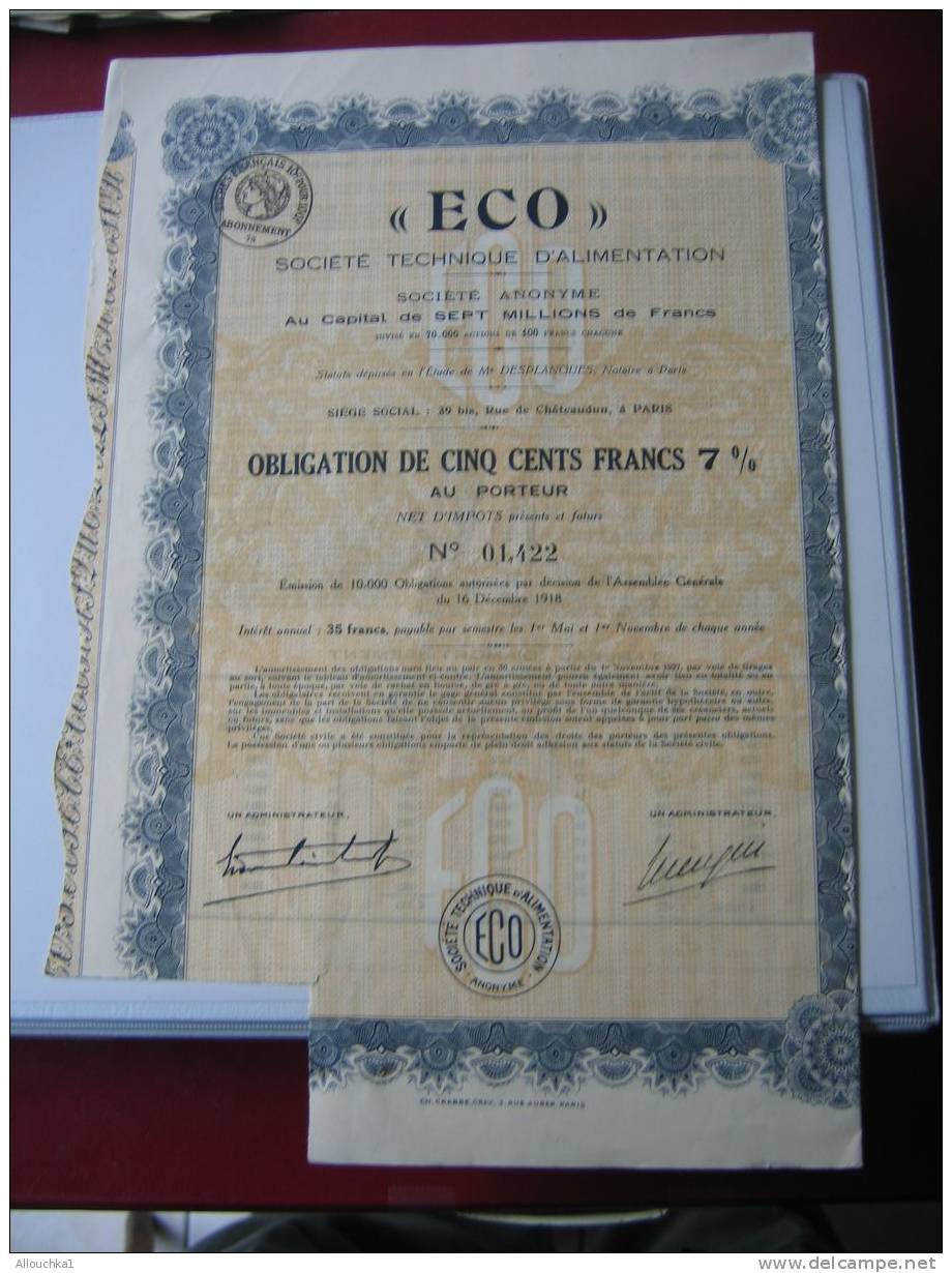 ACTION & TITRES: SOCIETE TECHNIQUE D ' ALIMENTATION " ECO" /1918 / SCRIPOPHILIE - Industrie
