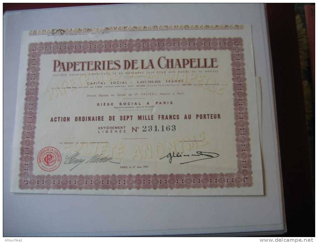 ACTION & TITRE : SOCIETE A. PAPETERIES DE LA CHAPELLE   /1957 / SCRIPOPHILIE - Industrie