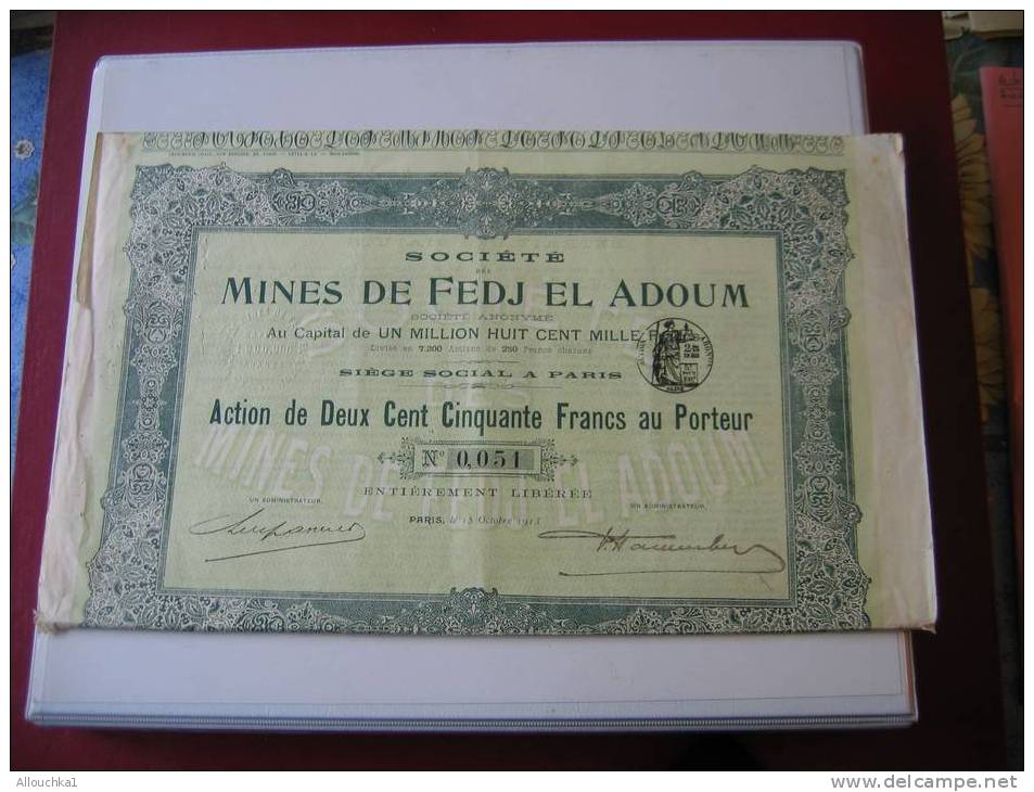 ACTION & TITRE : MINES DE FEDJ EL ADOUM SOCIETE /1913 / SCRIPOPHILIE - Bergbau