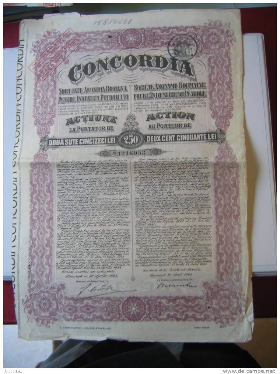 ACTION & TITRE : CONCORDIA  SOCIETE ANONYME ROUMAINE  POUR L ' INDUSTRIE DU PETROLE  /1924 / SCRIPOPHILIE - Erdöl