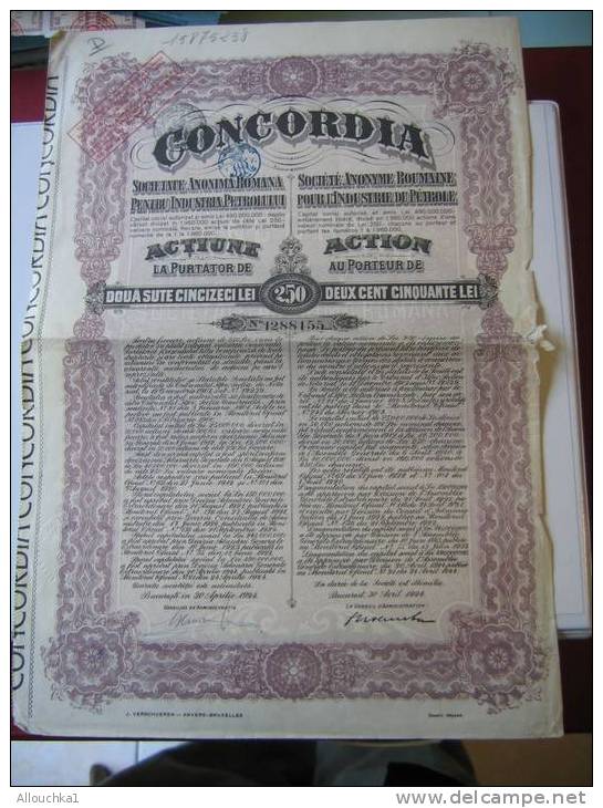 ACTION & TITRE : CONCORDIA  SOCIETE ANONYME ROUMAINE  POUR L ' INDUSTRIE DU PETROLE  /1924 / SCRIPOPHILIE - Pétrole